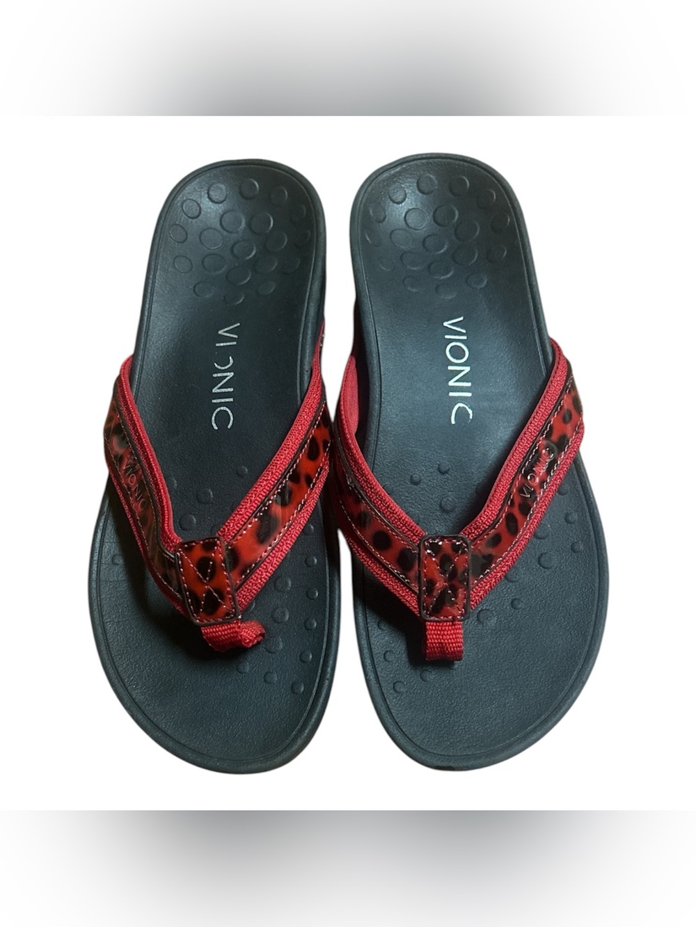 Vionic Black Footbed Red Leopard-Accent Thong Sandals